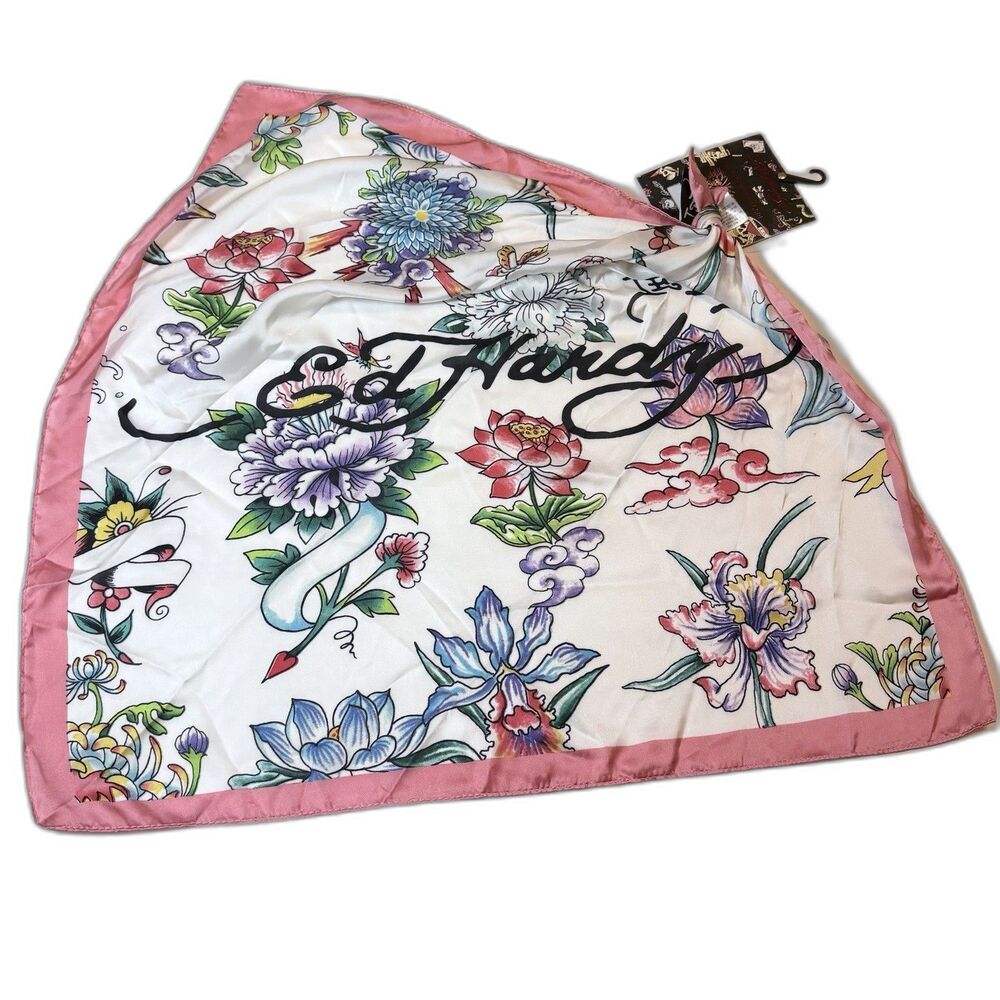 Ed Hardy Y2K Flowers Butterflies Logo Print Scarf NWT